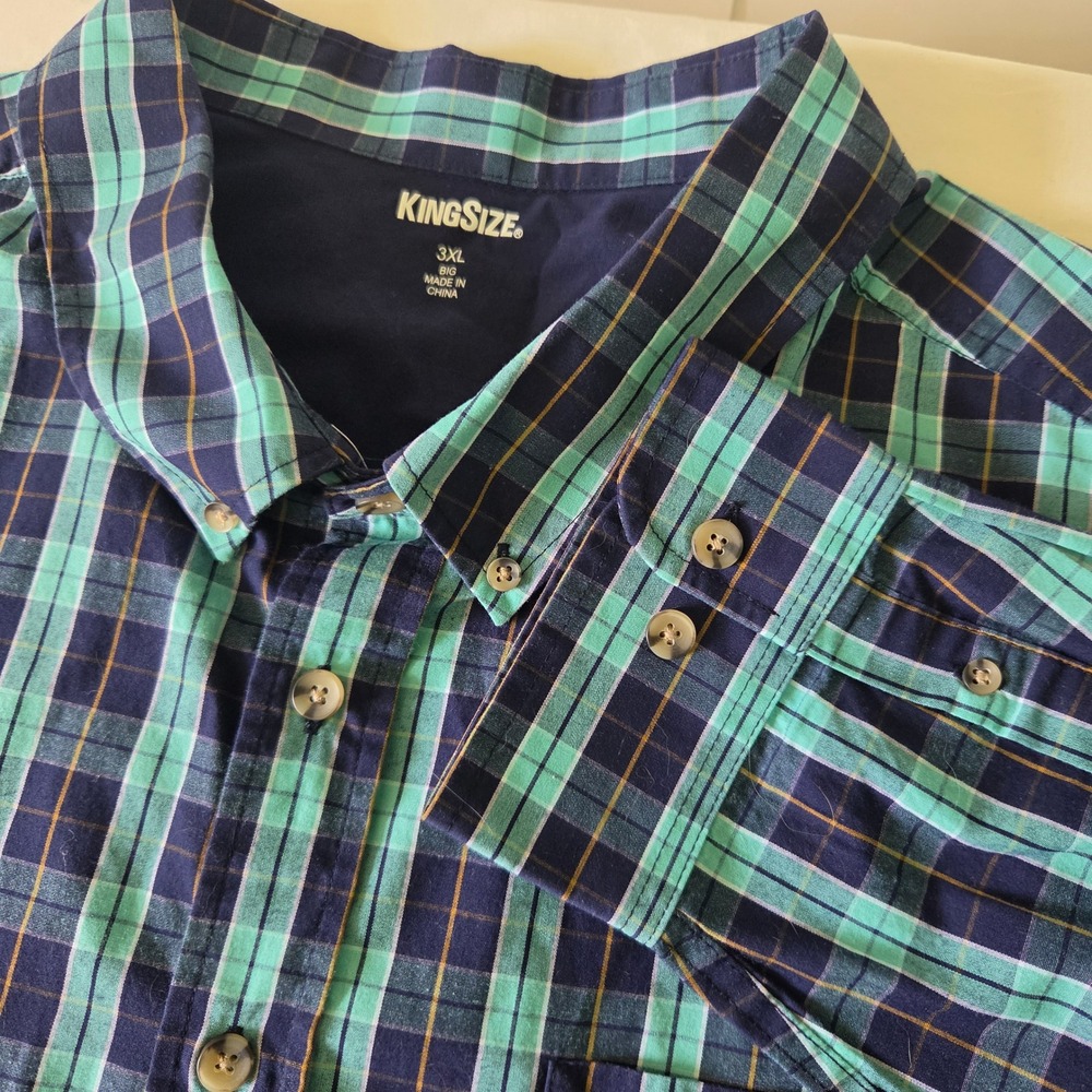 KingSize Mens 3XL Big Plaid Button Down Shirt‎ Green Navy Long Sleeve 79-0934-4